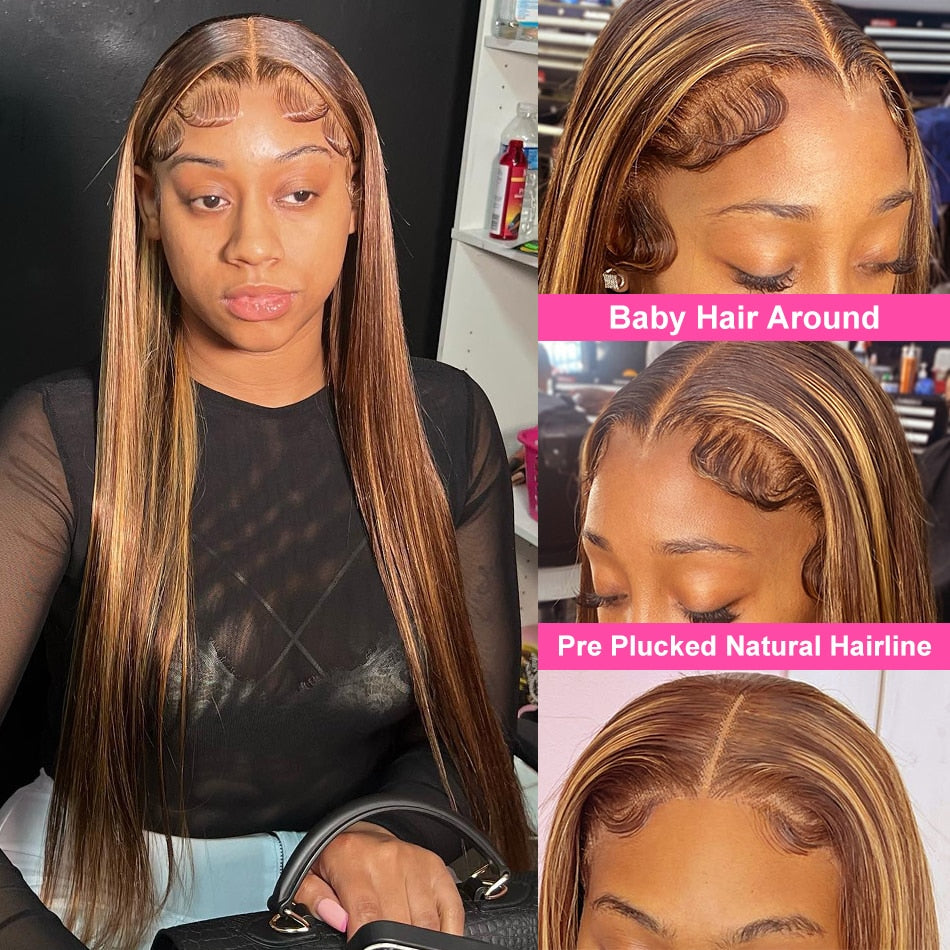 34inch Bone Straight Highlight Lace Front Human Hair 4/27 Ombre 13x4