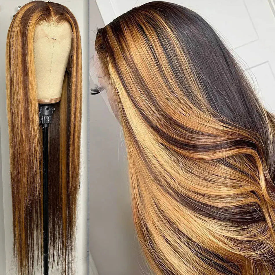 34inch Bone Straight Highlight Lace Front Human Hair 4/27 Ombre 13x4