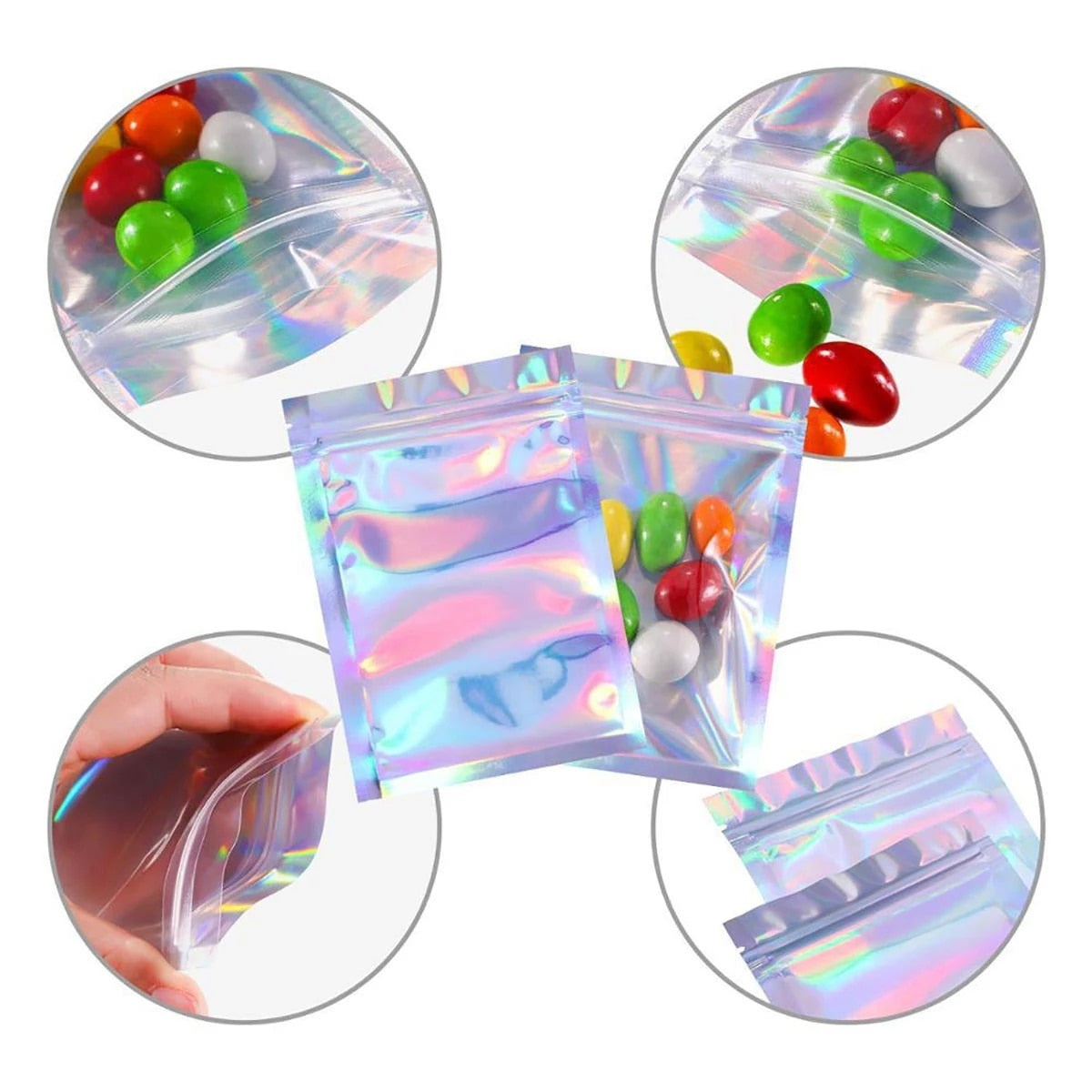 50pcs Resealable Laser Ziplock Bags For Necklace Food Storage Bags