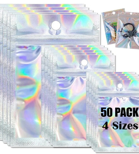 50pcs Resealable Laser Ziplock Bags For Necklace Food Storage Bags
