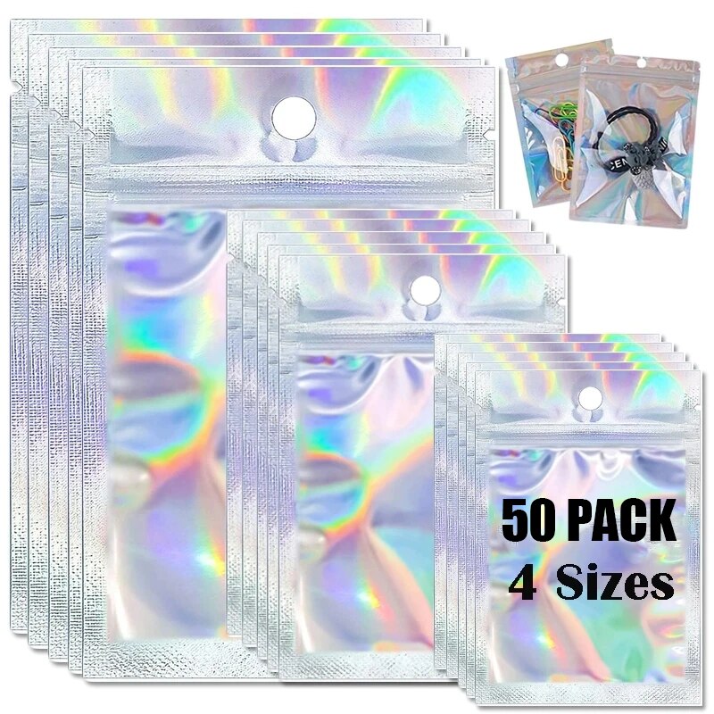 50pcs Resealable Laser Ziplock Bags For Necklace Food Storage Bags