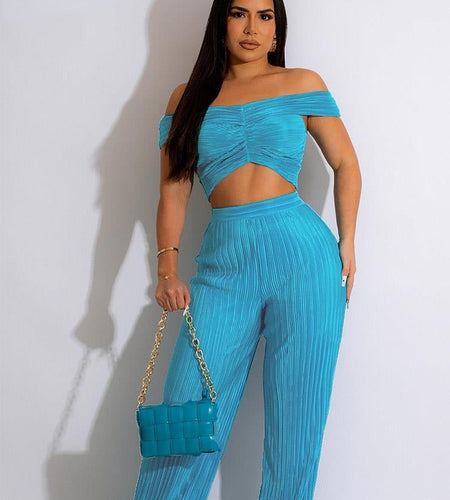 Sexy Off Shoulder Crop Top and Wide Leg Pants Set