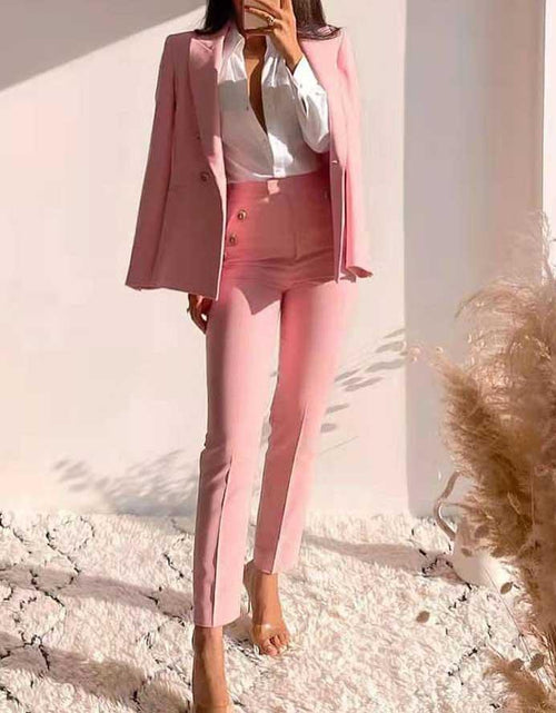 Load image into Gallery viewer, 2 Piece Set  Double Breasted Blazer  Button High Waist Trousers
