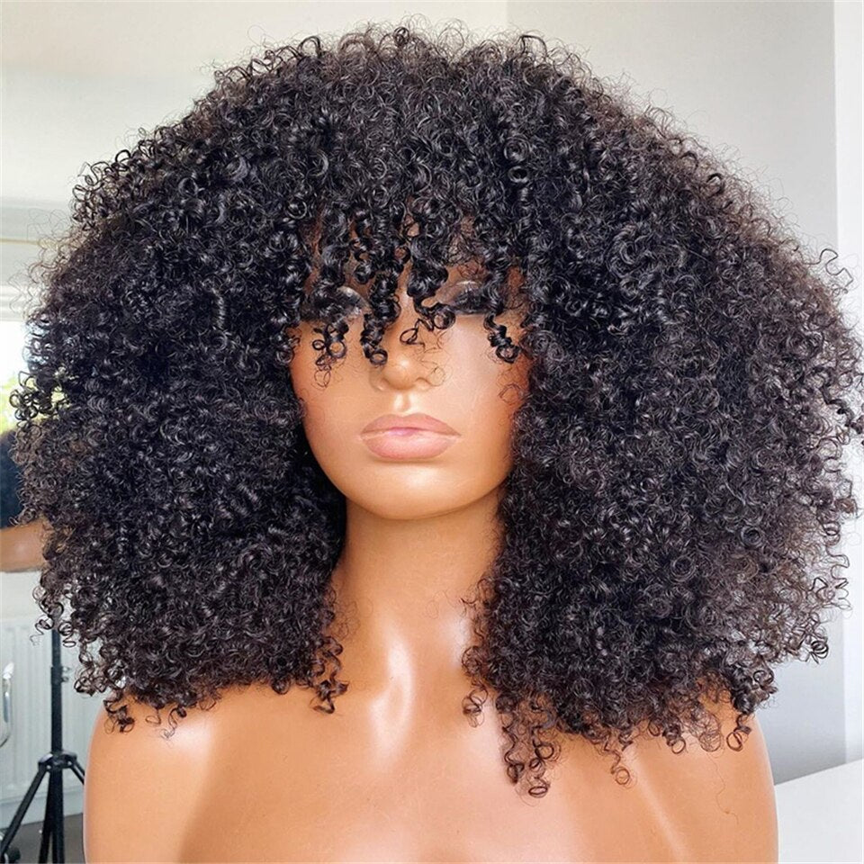 Afro Kinky Curly Hunan Hair Wigs With Bangs Full Machine Made Wig 250