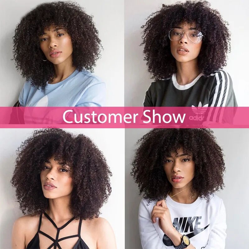 Afro Kinky Curly Hunan Hair Wigs With Bangs Full Machine Made Wig 250