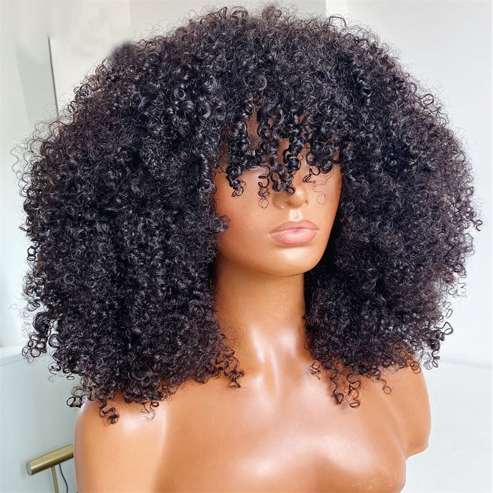 Afro Kinky Curly Hunan Hair Wigs With Bangs Full Machine Made Wig 250