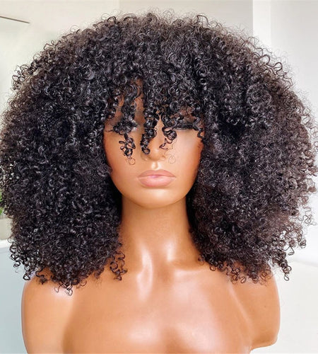 Afro Kinky Curly Hunan Hair Wigs With Bangs Full Machine Made Wig 250