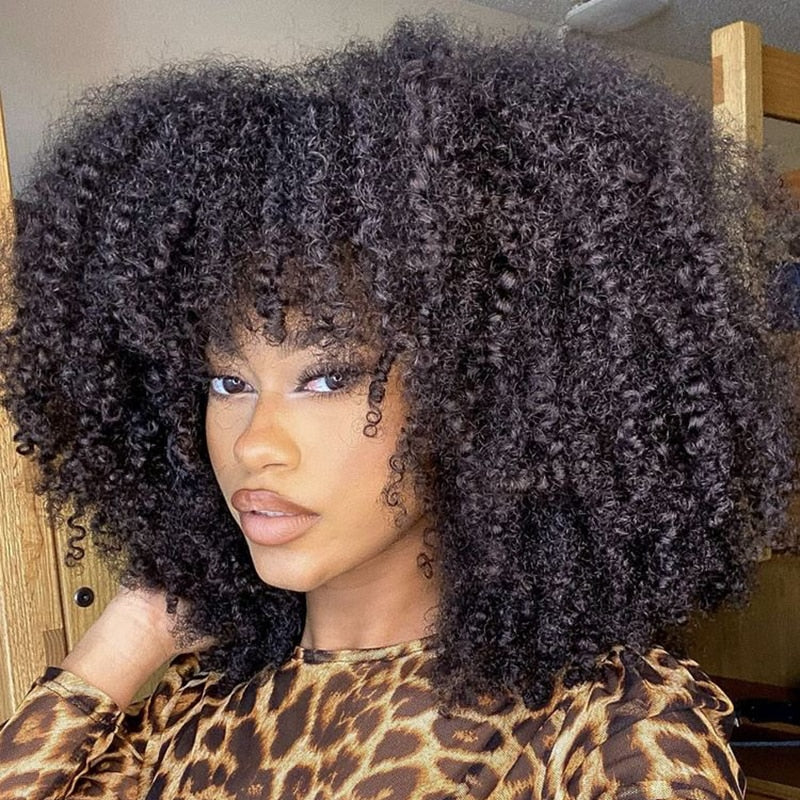 Afro Kinky Curly Hunan Hair Wigs With Bangs Full Machine Made Wig 250