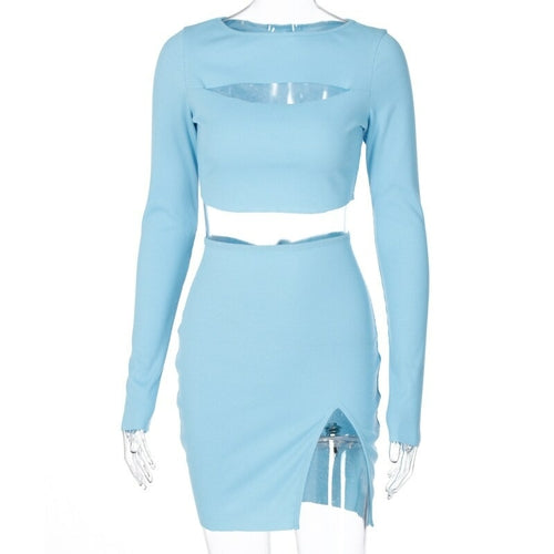 Sexy Hollow Out Knitted Skirt Sets Long SleeveTwo Piece Outifits