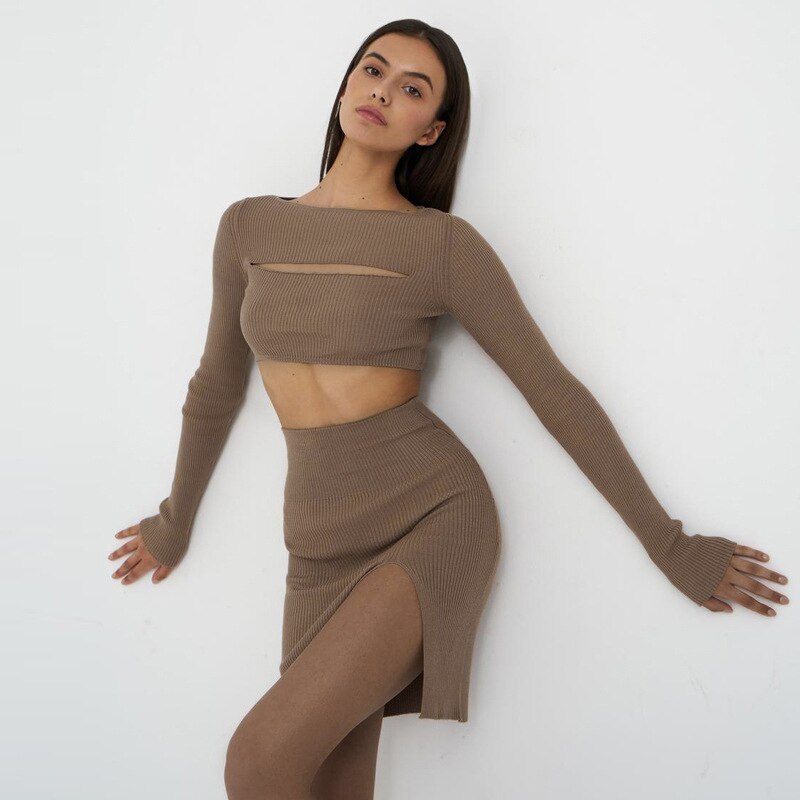 Sexy Hollow Out Knitted Skirt Sets Long SleeveTwo Piece Outifits