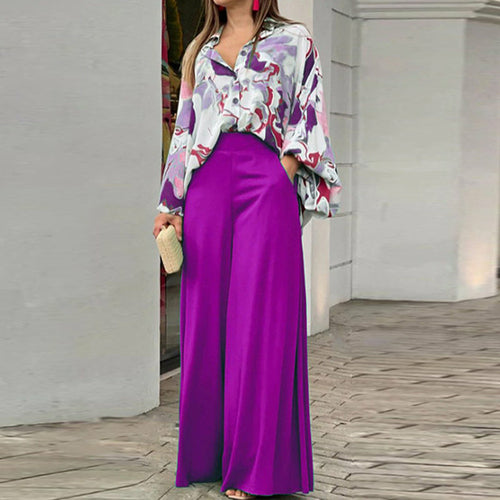 Load image into Gallery viewer, Summer Shirts Wide-leg Pants Sets Women&#39;s Long Sleeve Loose Printed
