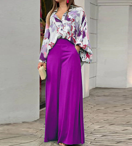Summer Shirts Wide-leg Pants Sets Women's Long Sleeve Loose Printed