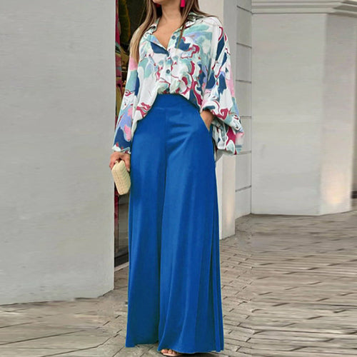 Load image into Gallery viewer, Summer Shirts Wide-leg Pants Sets Women&#39;s Long Sleeve Loose Printed
