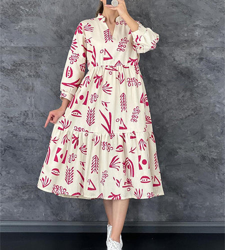 Autumn Women's Dress Fashionable and Sexy V neck Spliced Print 3/4