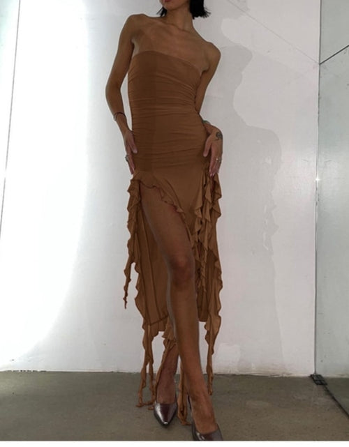 Load image into Gallery viewer, Boofeenaa Ruffle Fringe Double High Split Long Dress Summer 2023 Sexy
