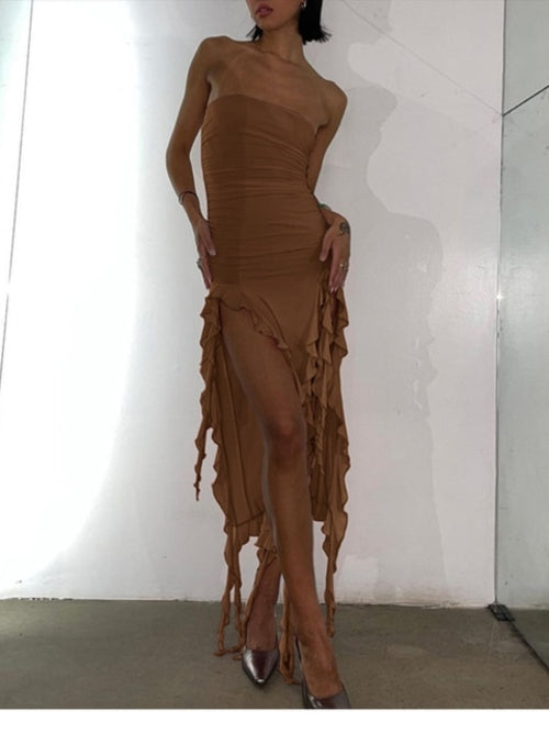 Boofeenaa Ruffle Fringe Double High Split Long Dress Summer 2023 Sexy