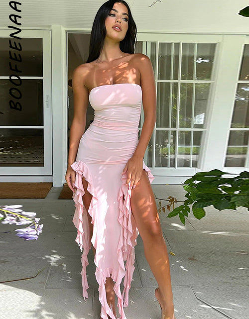 Load image into Gallery viewer, Boofeenaa Ruffle Fringe Double High Split Long Dress Summer 2023 Sexy
