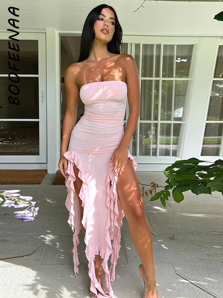 Boofeenaa Ruffle Fringe Double High Split Long Dress Summer 2023 Sexy