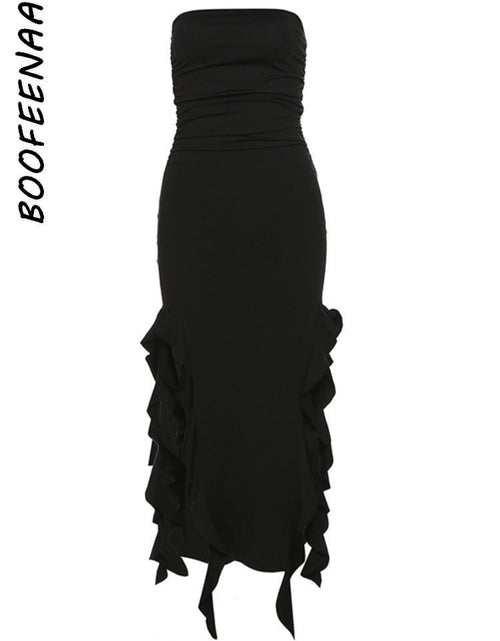 Load image into Gallery viewer, Boofeenaa Ruffle Fringe Double High Split Long Dress Summer 2023 Sexy
