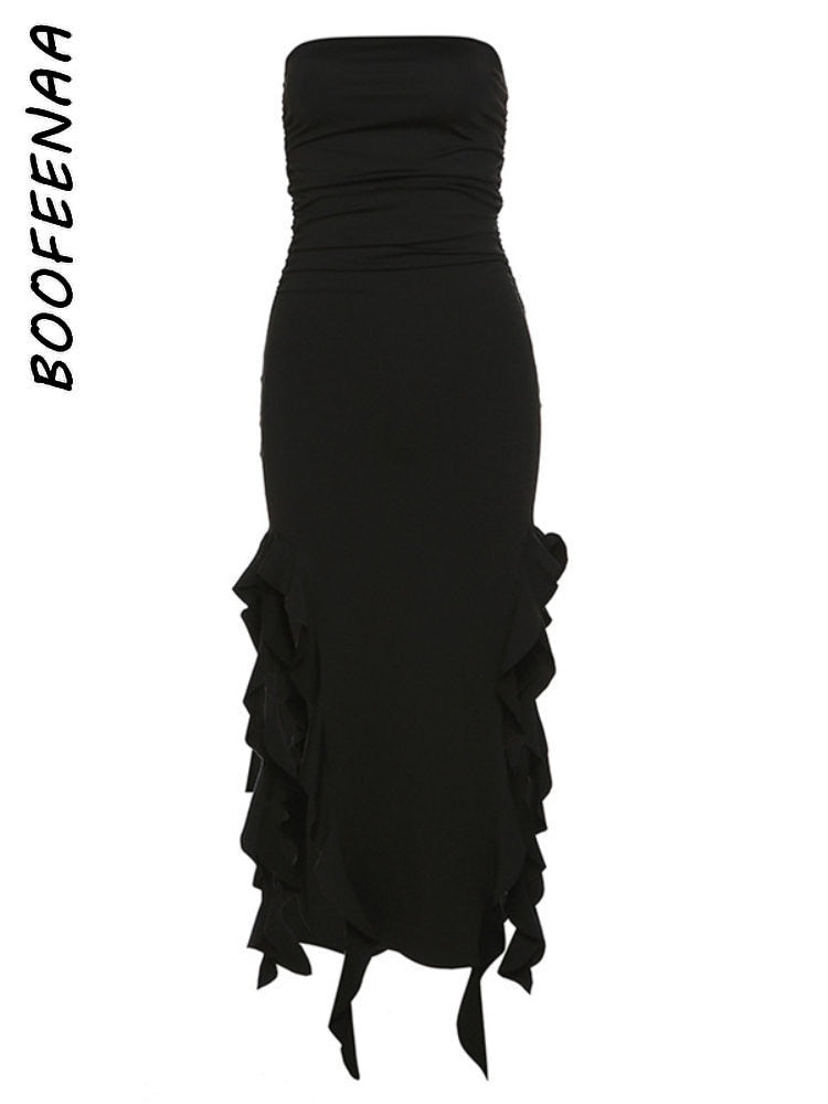 Boofeenaa Ruffle Fringe Double High Split Long Dress Summer 2023 Sexy