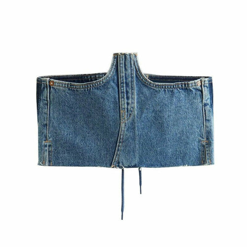 Load image into Gallery viewer, Back Bandage Jeans Crop Short  Slim Bodycon Denim Bustier Top
