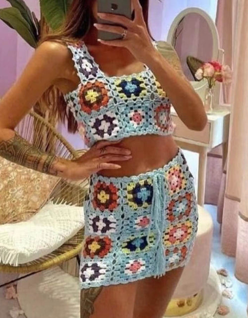 Load image into Gallery viewer, Boho Inspired Square Crochet Knit Dress square neck mini bohemian
