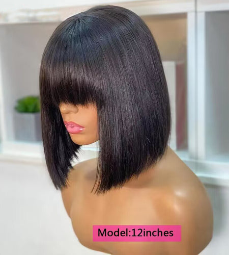 Bone Straight Bob Human Hair Wigs With Bang Full Machine Made Wigs