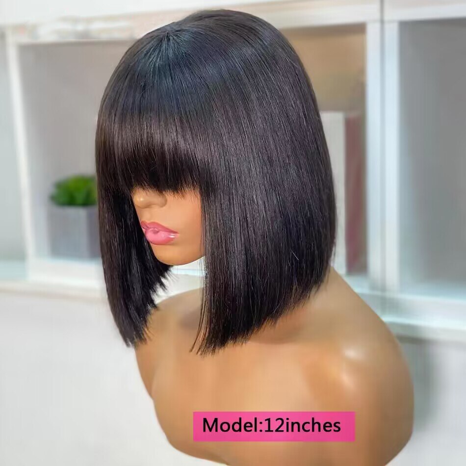 Bone Straight Bob Human Hair Wigs With Bang Full Machine Made Wigs