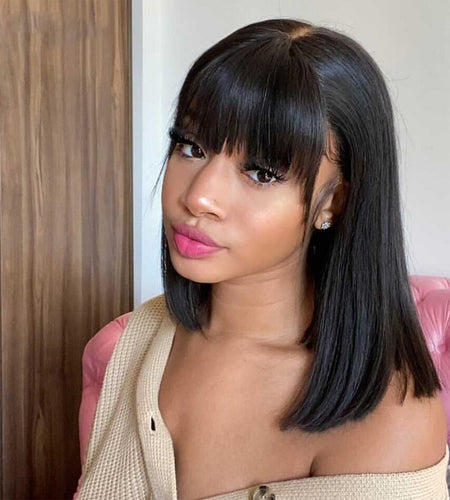 Bone Straight Bob Human Hair Wigs With Bang Full Machine Made Wigs