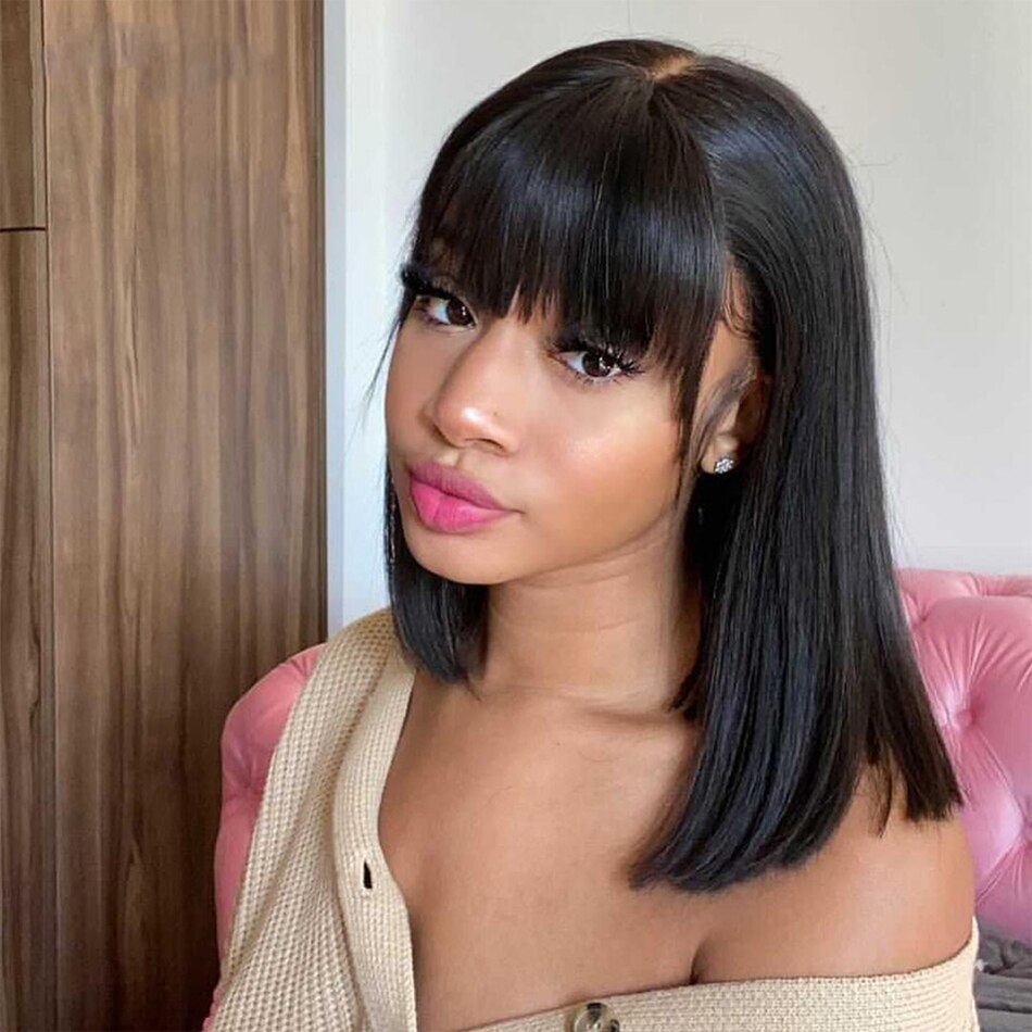 Bone Straight Bob Human Hair Wigs With Bang Full Machine Made Wigs