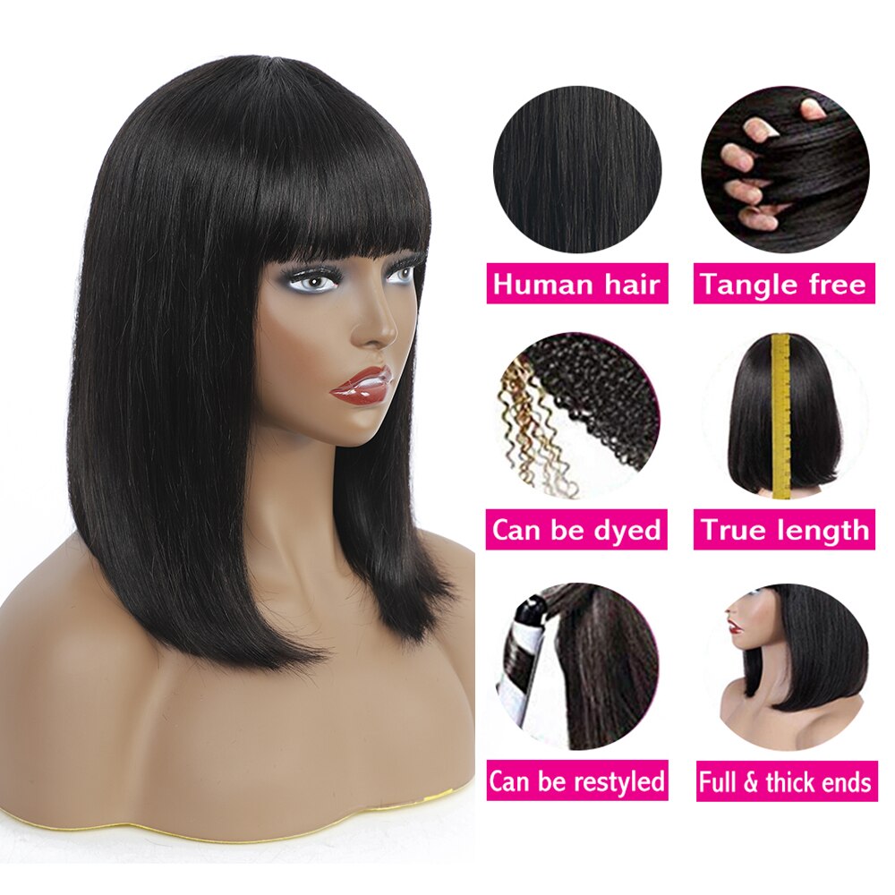 Bone Straight Bob Human Hair Wigs With Bang Full Machine Made Wigs