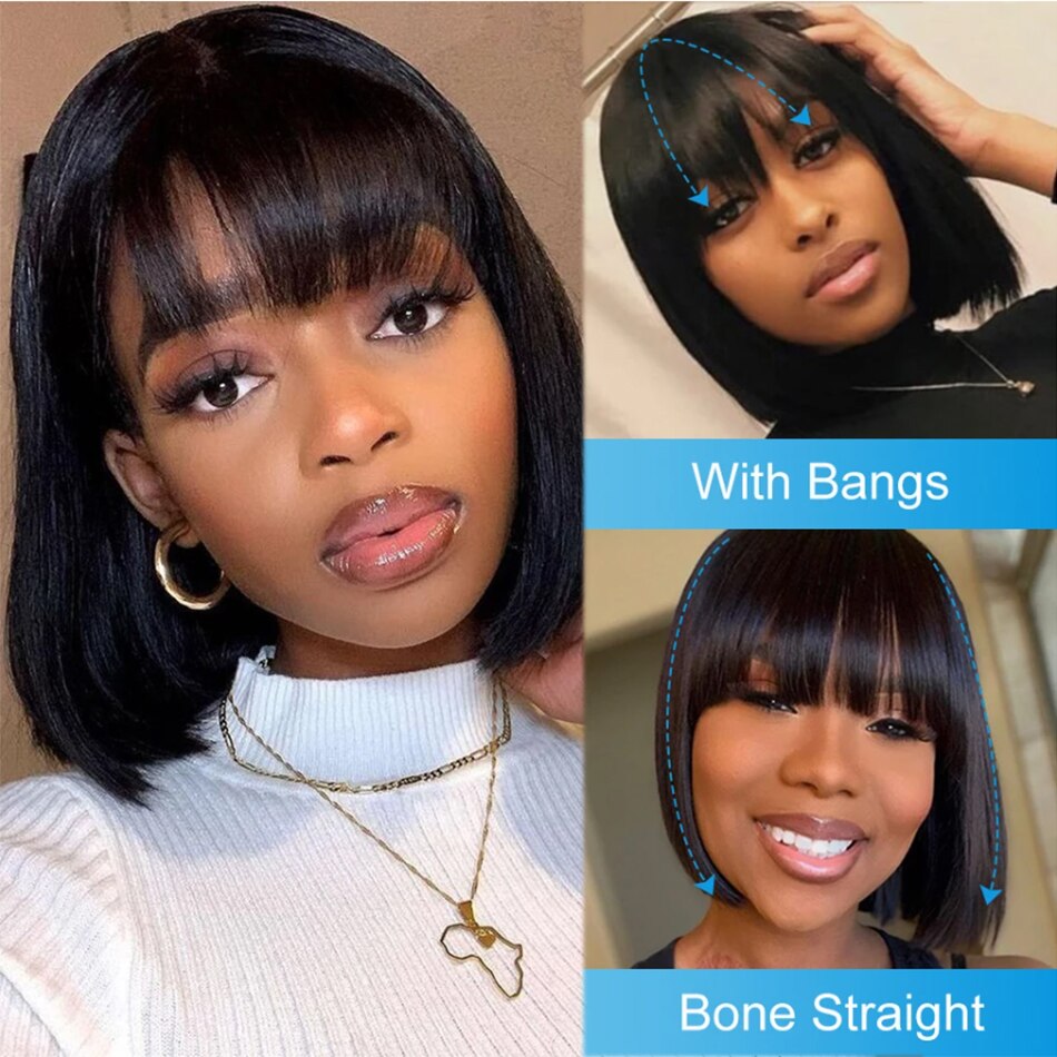 Bone Straight Bob Human Hair Wigs With Bang Full Machine Made Wigs