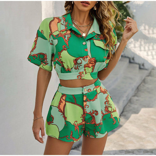 Load image into Gallery viewer, Elegant Paisley Flare Shorts Boho Two 2 Piece Set Outfits Mini Shirt
