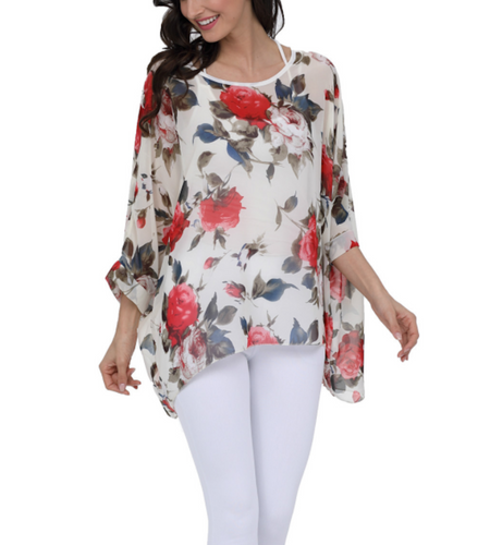 Womens Rose Floral Print Chiffon Top
