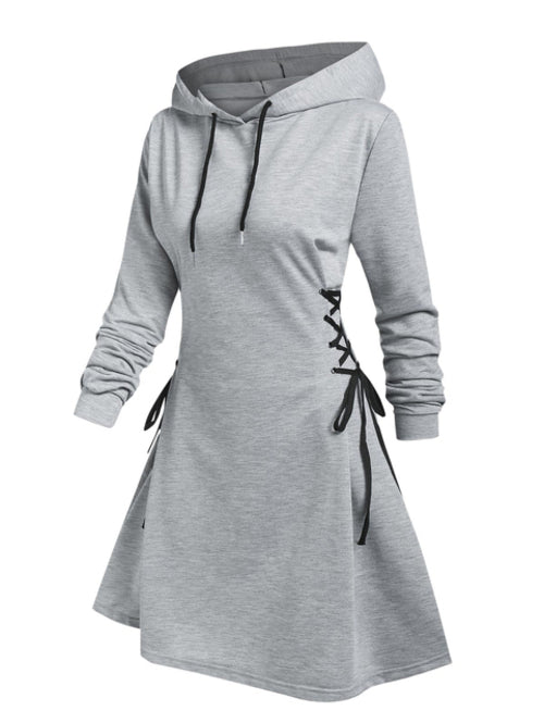 Casual Women Long Sleeve Autumn Dress Drawstring Lace Up Mini Hoodie