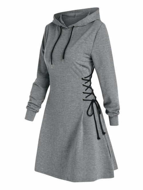 Casual Women Long Sleeve Autumn Dress Drawstring Lace Up Mini Hoodie