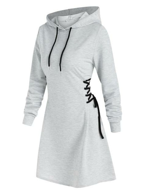 Casual Women Long Sleeve Autumn Dress Drawstring Lace Up Mini Hoodie