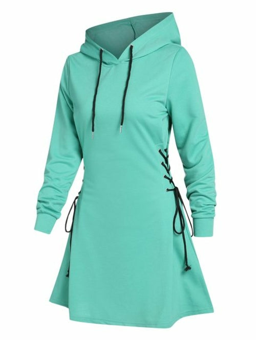 Casual Women Long Sleeve Autumn Dress Drawstring Lace Up Mini Hoodie