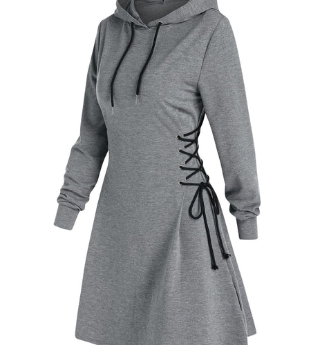 Casual Women Long Sleeve Autumn Dress Drawstring Lace Up Mini Hoodie