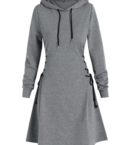 Casual Women Long Sleeve Autumn Dress Drawstring Lace Up Mini Hoodie