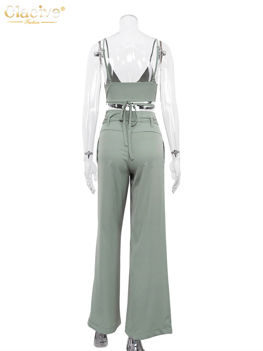 Sexy Wide Trouser Suits Fashion Crop Top  Pants Two Piece