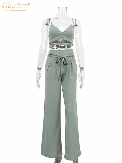 Sexy Wide Trouser Suits Fashion Crop Top  Pants Two Piece