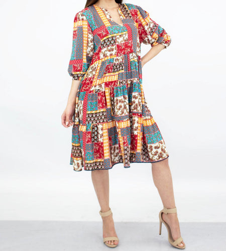 Flare Bottom 3/4 Sleeve Dress - Red