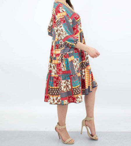 Flare Bottom 3/4 Sleeve Dress - Red