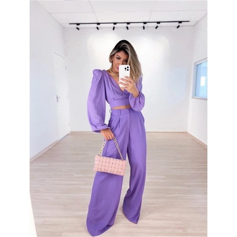 Double V Neck Lantern Sleeve Crop Top Long Pants