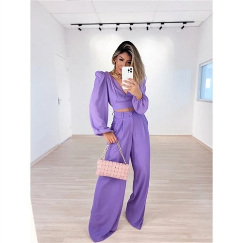 Double V Neck Lantern Sleeve Crop Top Long Pants