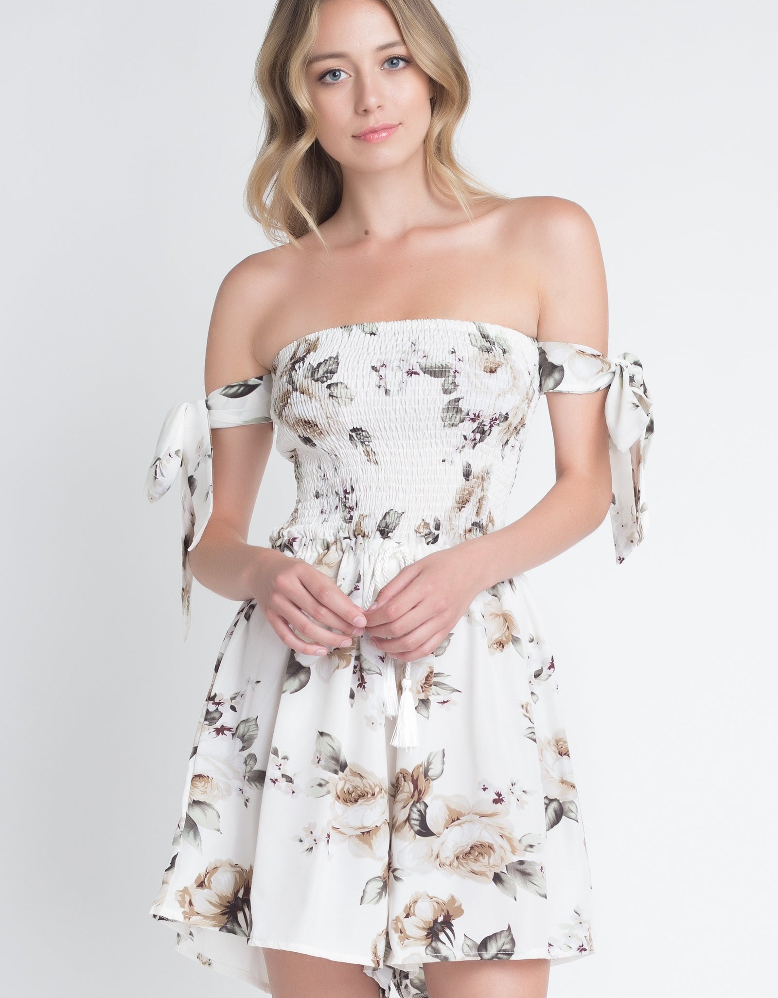 Women's Off Shoulder Smocked Floral Tie Romper