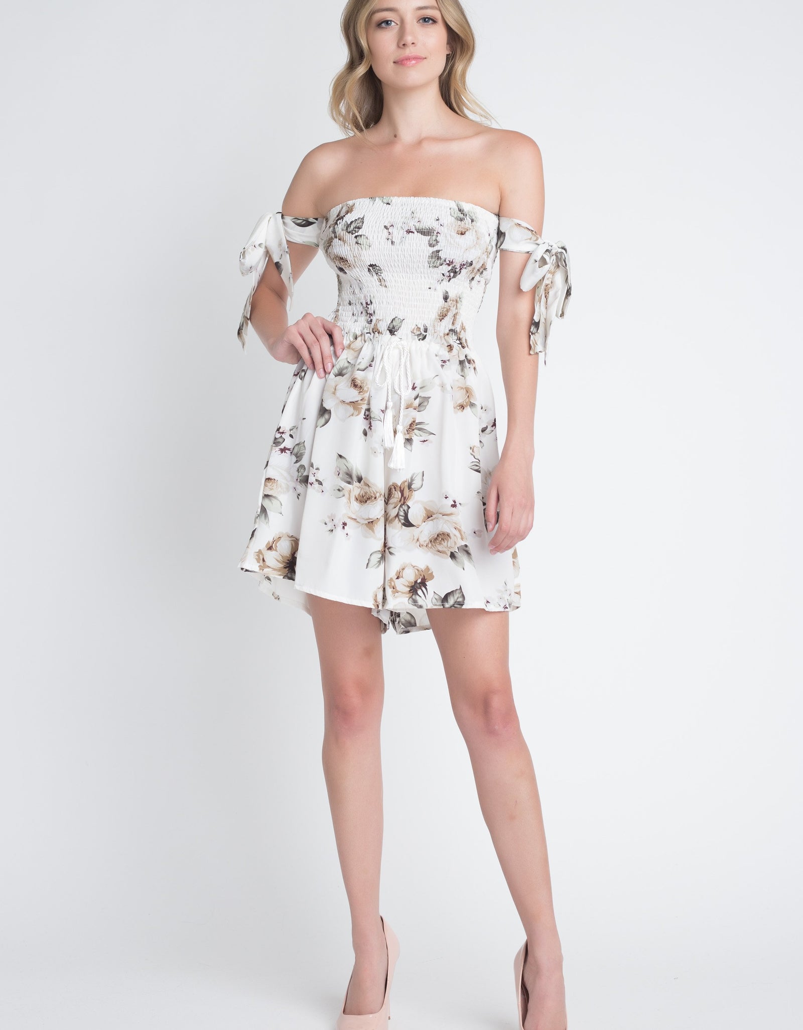 Women's Off Shoulder Smocked Floral Tie Romper