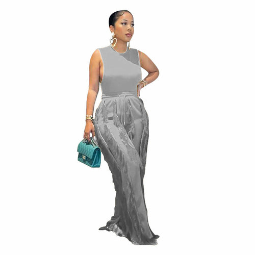 Load image into Gallery viewer, Sleeless Bosysuit and Tassel Pants Set Two Piece Fringe Wide Leg
