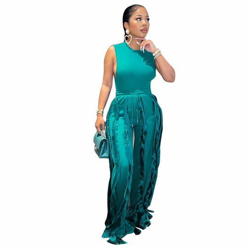 Load image into Gallery viewer, Sleeless Bosysuit and Tassel Pants Set Two Piece Fringe Wide Leg
